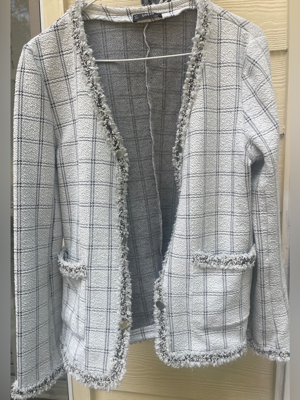 SHEIN Plaid Pattern Fringe Trim Open Front Jacket XS